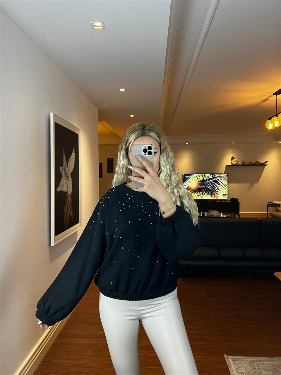 Beli Lastikli Taş İşlemeli Tasarım Sweatshirt 3215