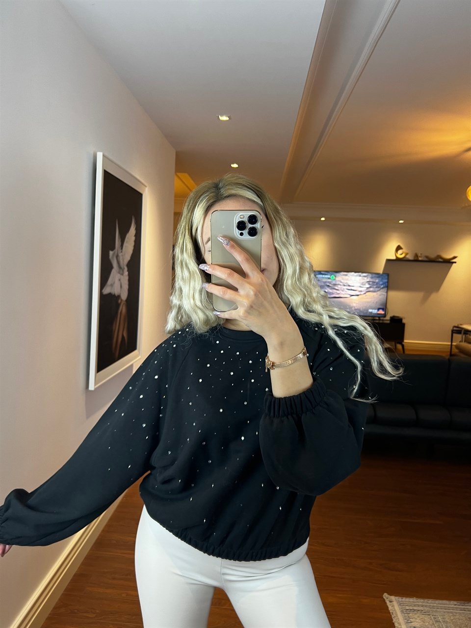 Beli Lastikli Taş İşlemeli Tasarım Sweatshirt 3215