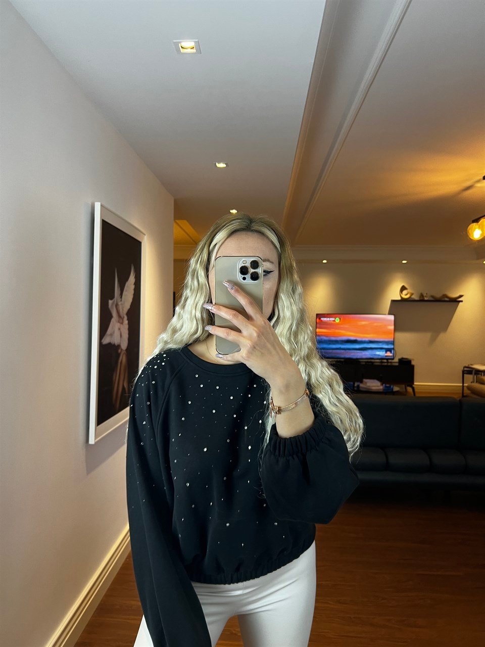 Beli Lastikli Taş İşlemeli Tasarım Sweatshirt 3215