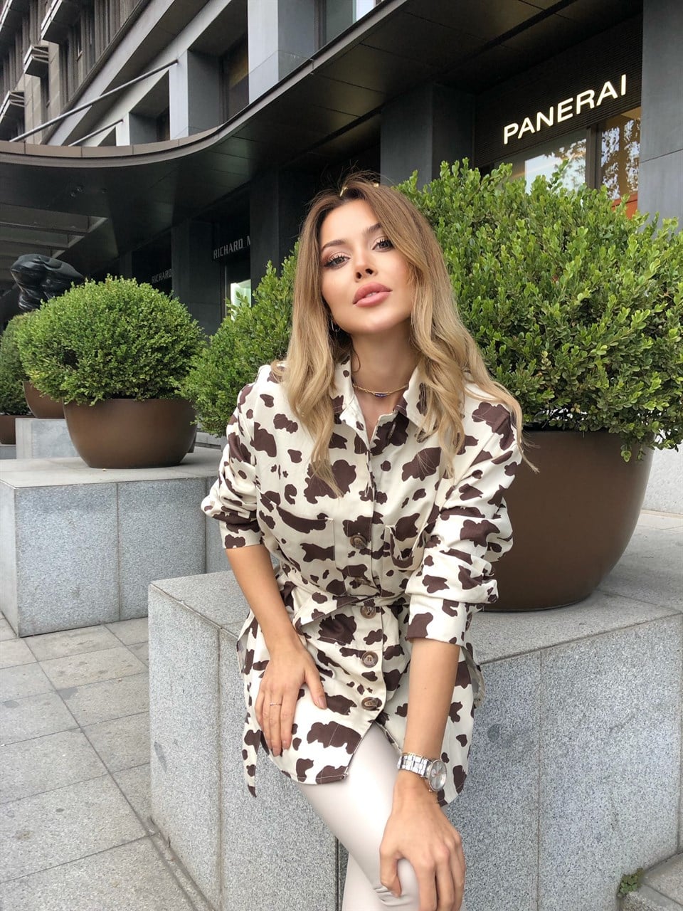 Benekli Kuşaklı Gabardin Ceket Gömlek