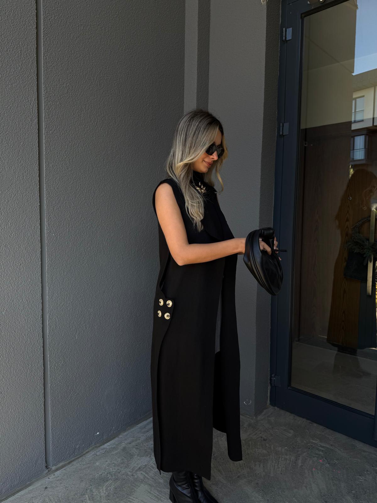 Beş Düğme Tasarım Maxi Boy Siyah Hırka hrk2101oppo