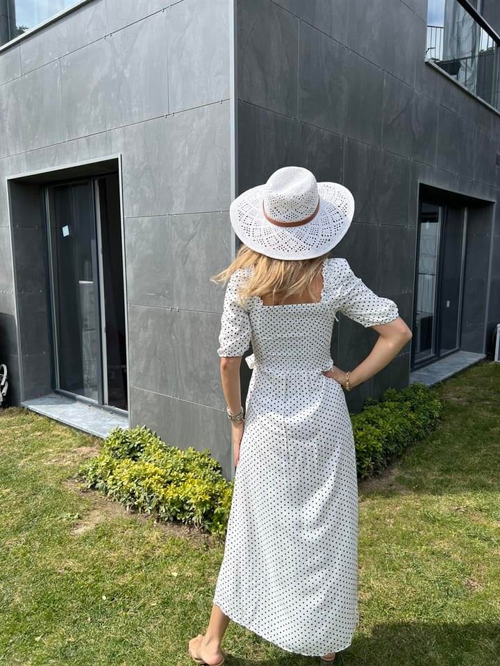 Beyaz Puantiyeli Viskon Elbise