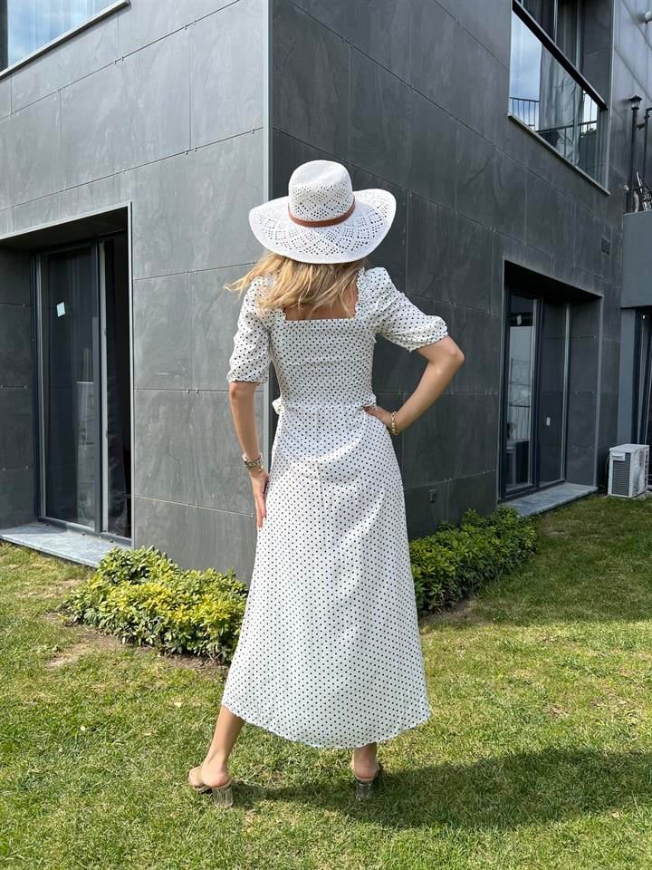 Beyaz Puantiyeli Viskon Elbise