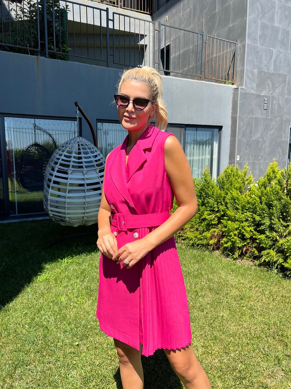 Bianca Piliseli Kemerli Pembe Elbise 