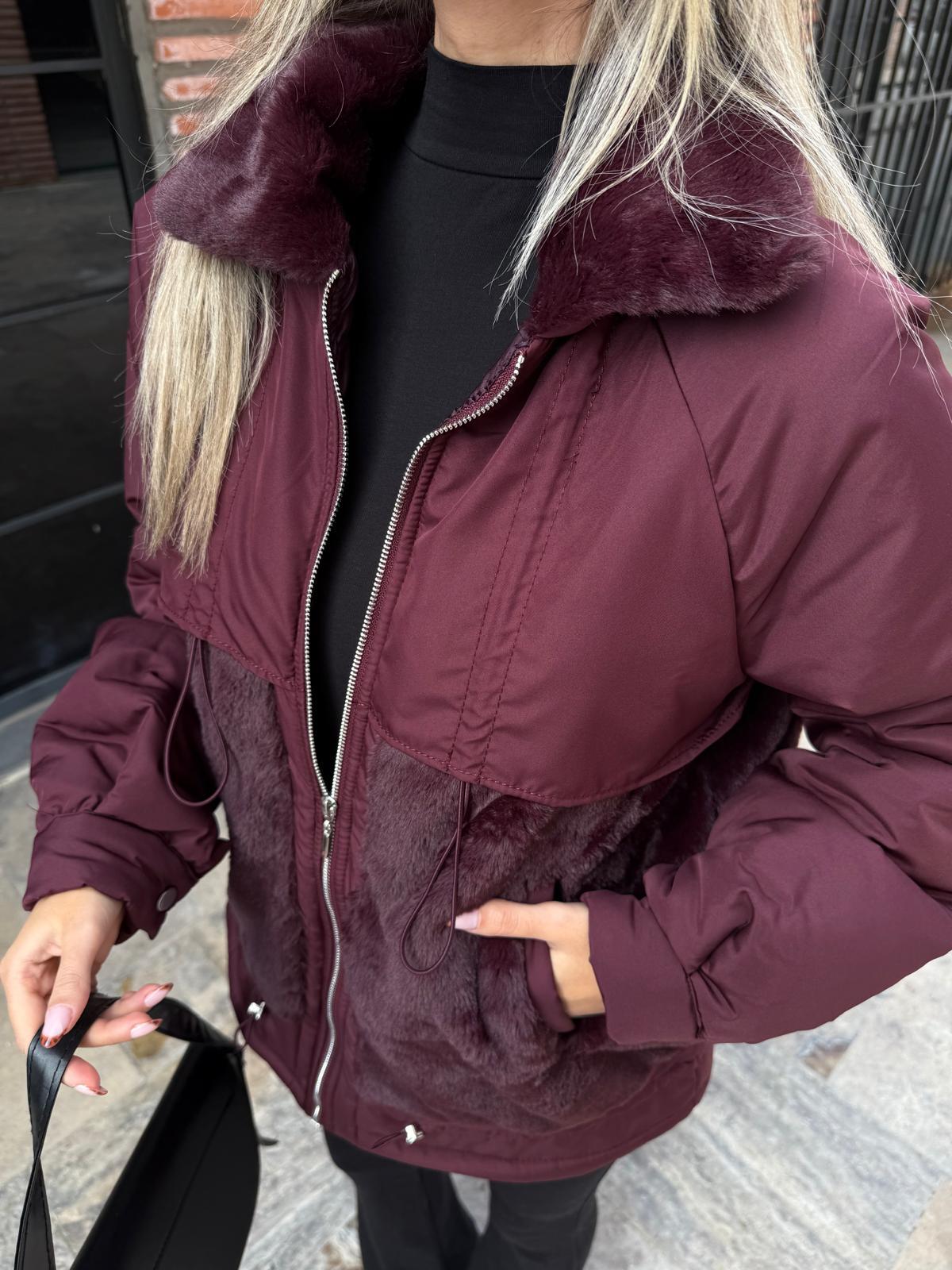 Bordo Kürklü Kapitone Mix Mont mnt2060shz