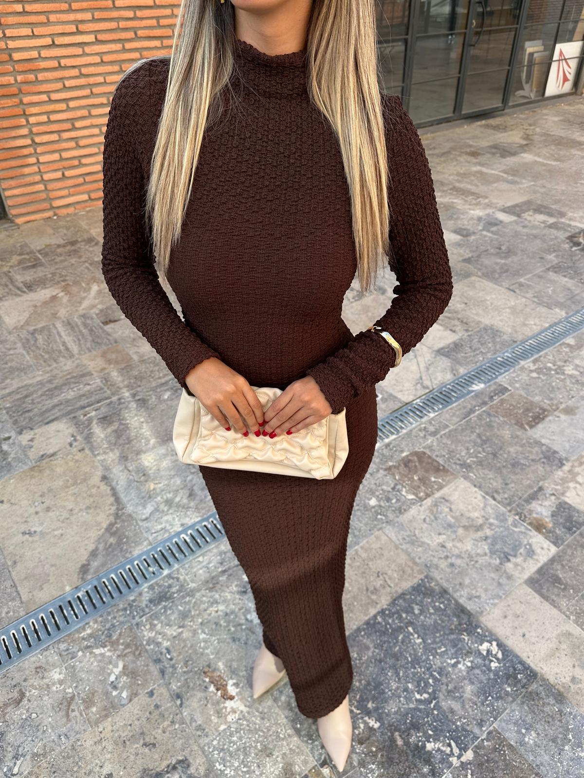 Buklet Kalem Form Maxi Kahverengi Elbise  kelb1066ny