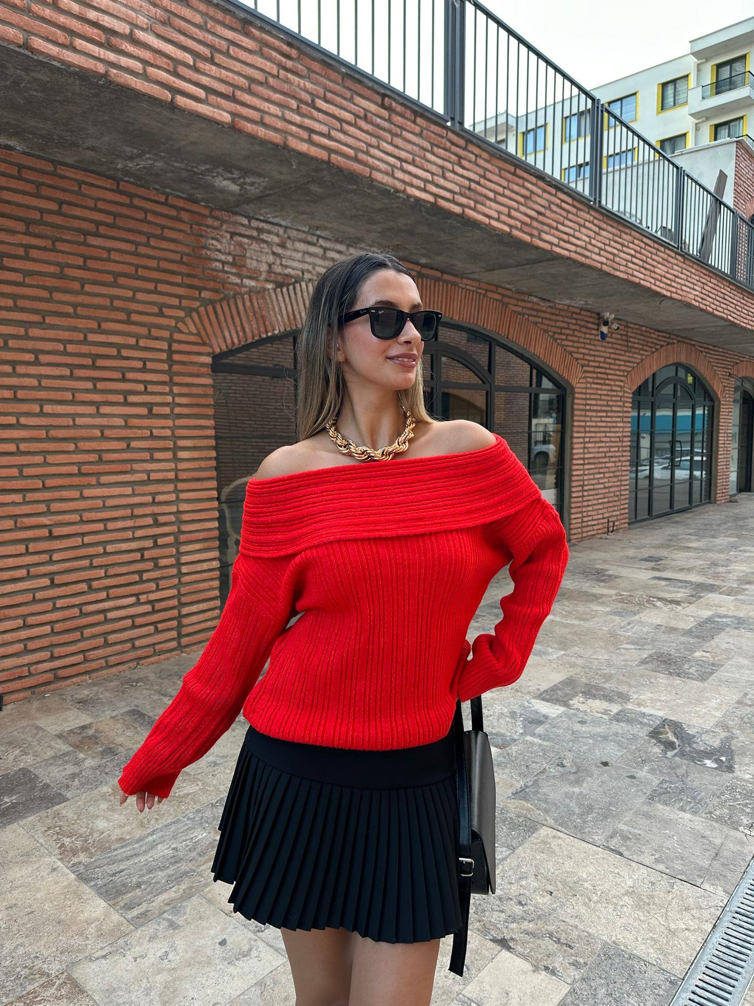 Buklet Madonna Yaka Kırmızı Kazak kzk1001bndt