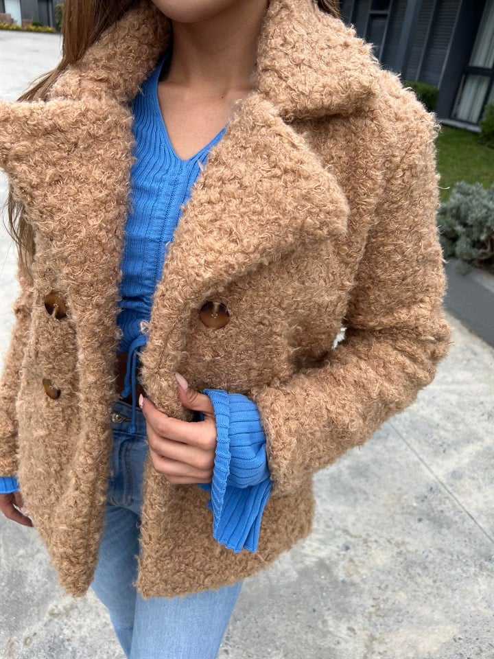 Bürümcük Kumaş Camel Kısa Kaban
