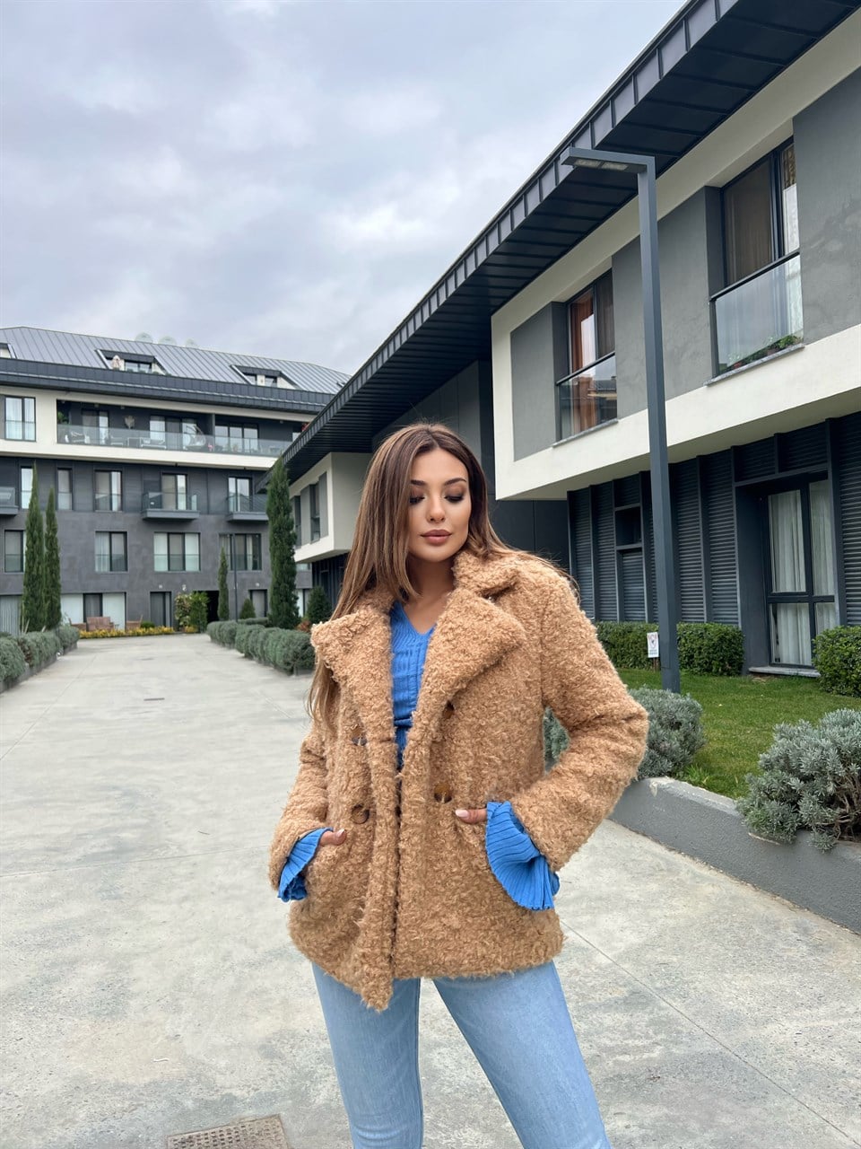 Bürümcük Kumaş Camel Kısa Kaban