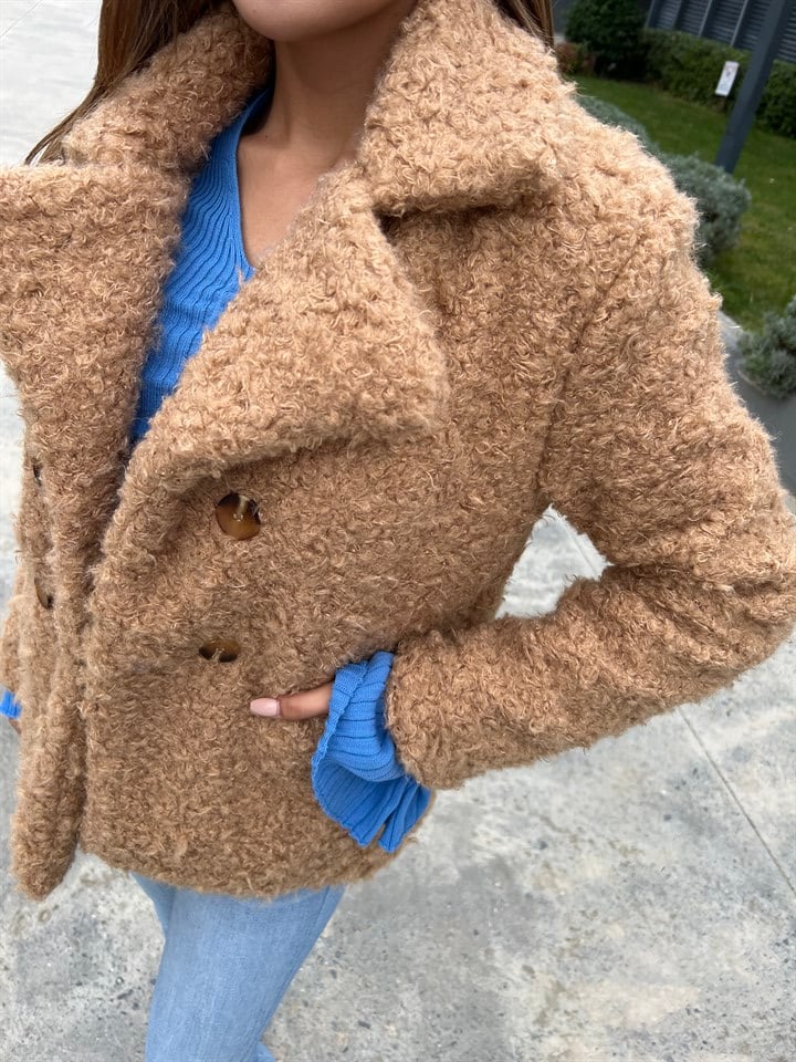 Bürümcük Kumaş Camel Kısa Kaban