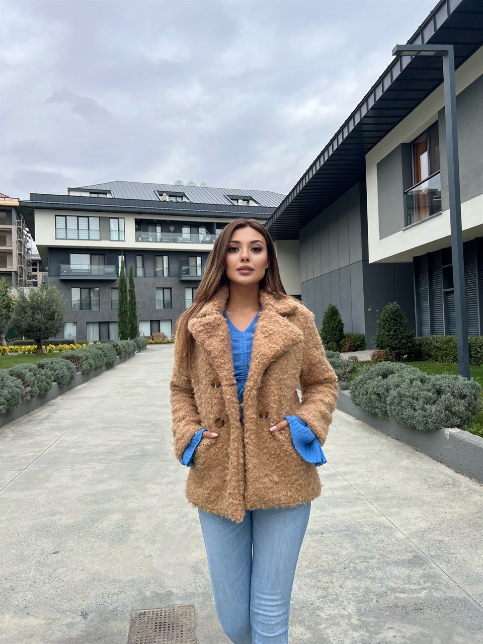 Bürümcük Kumaş Camel Kısa Kaban