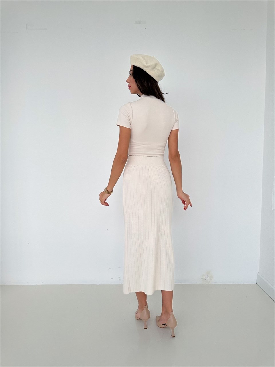 Büyük Düğme Detay Triko Krem Etek 6987