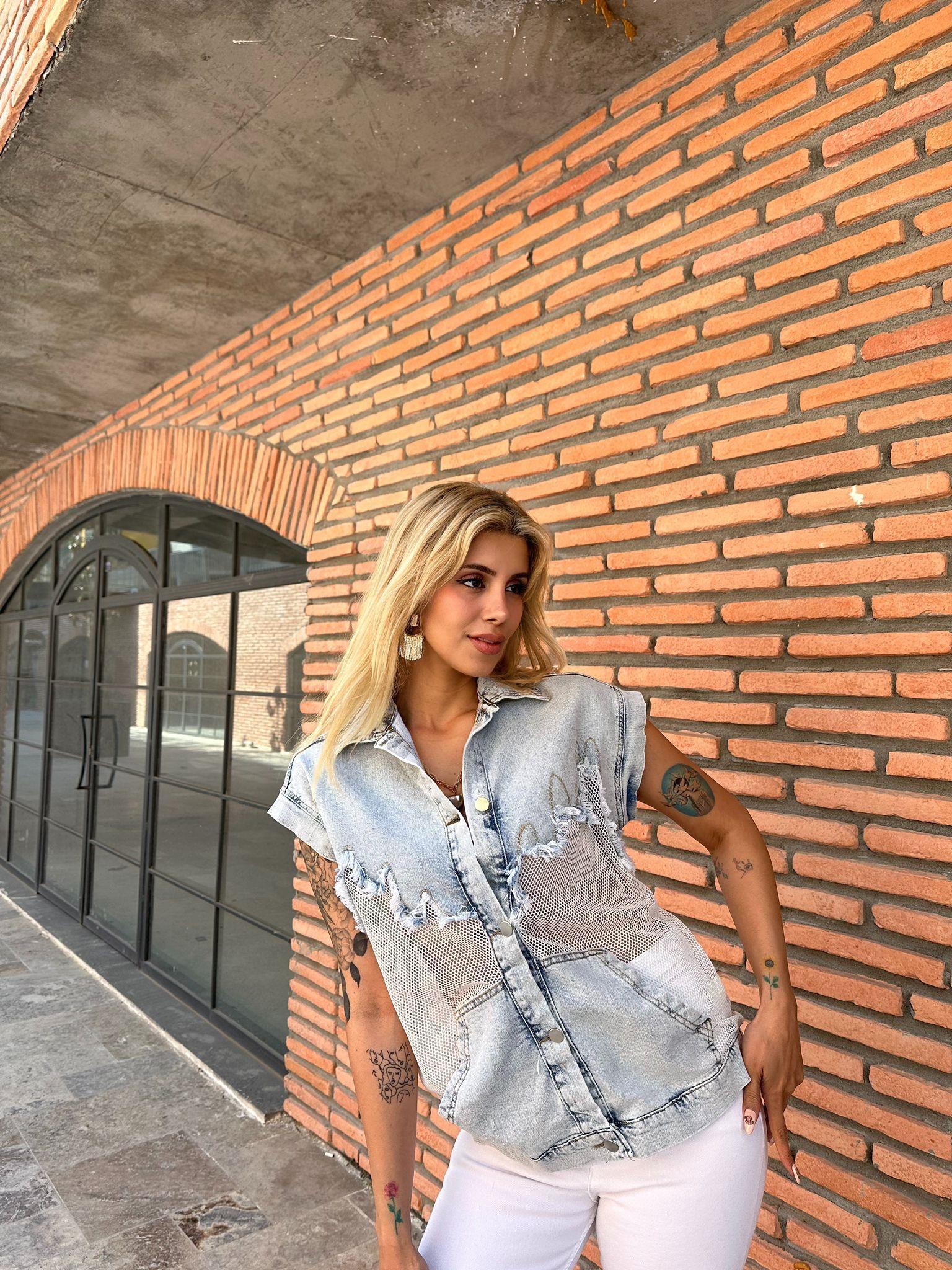 Buz Mavi Jean Detaylı File Yelek 0706293