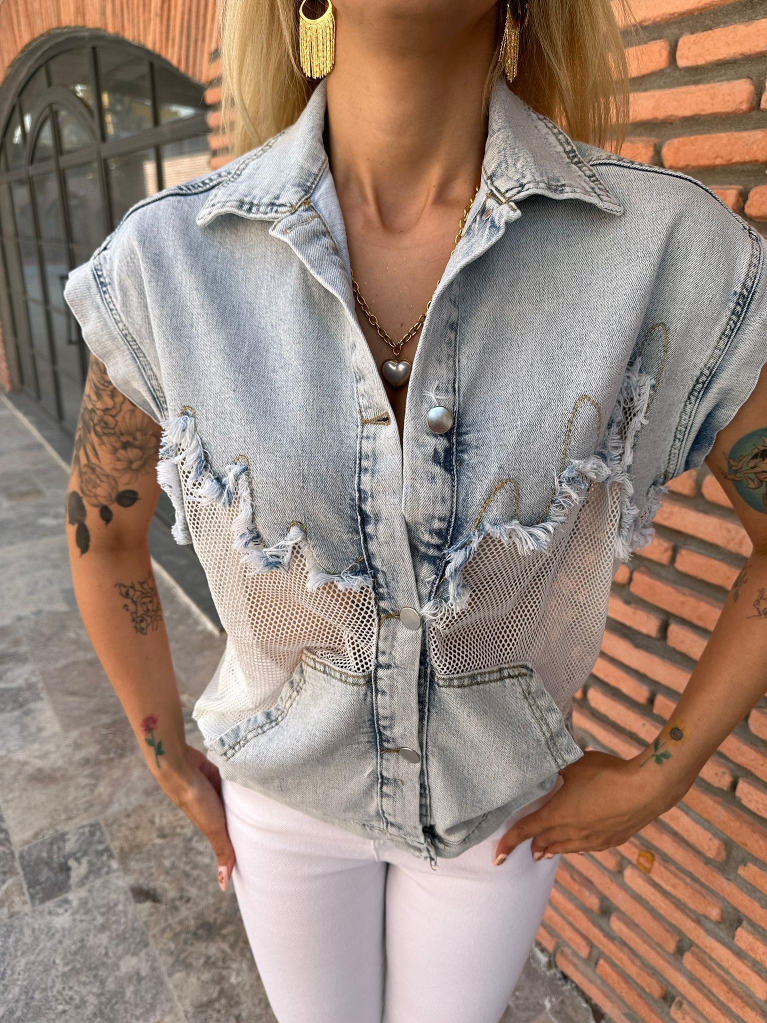 Buz Mavi Jean Detaylı File Yelek 0706293