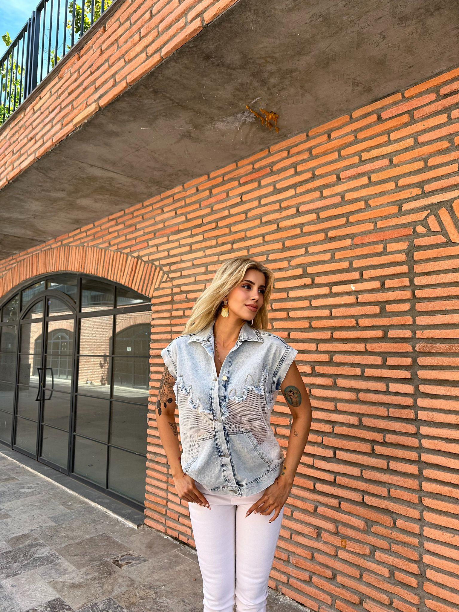Buz Mavi Jean Detaylı File Yelek 0706293