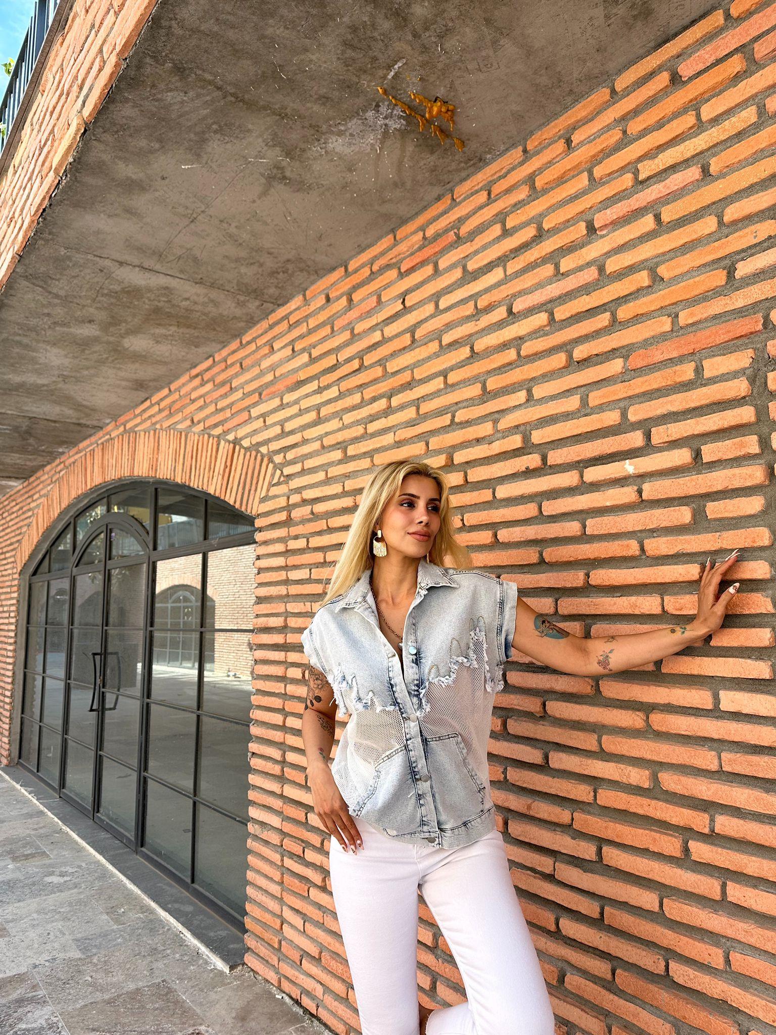 Buz Mavi Jean Detaylı File Yelek 0706293