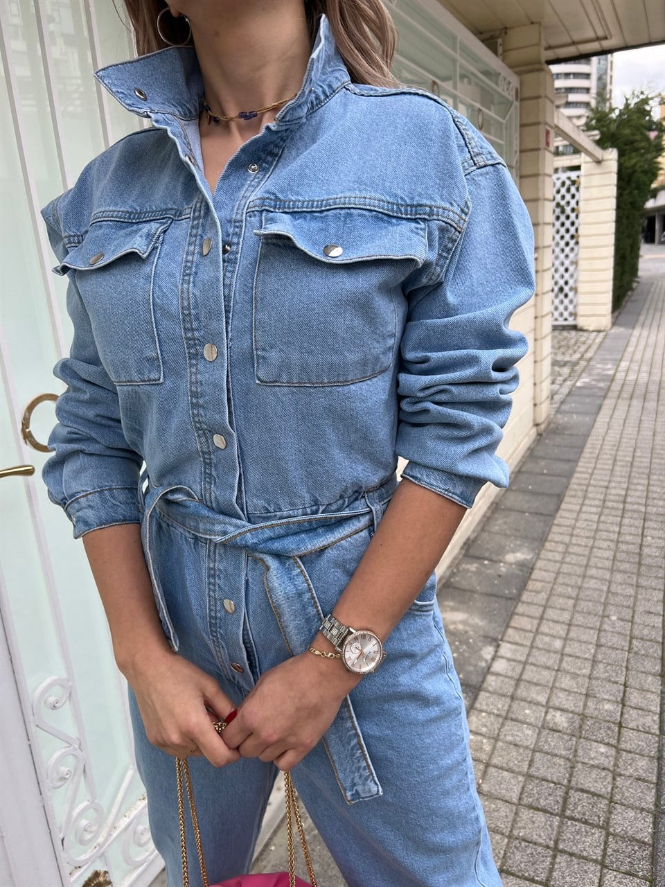 Buz Mavisi Kuşaklı Jean Tulum
