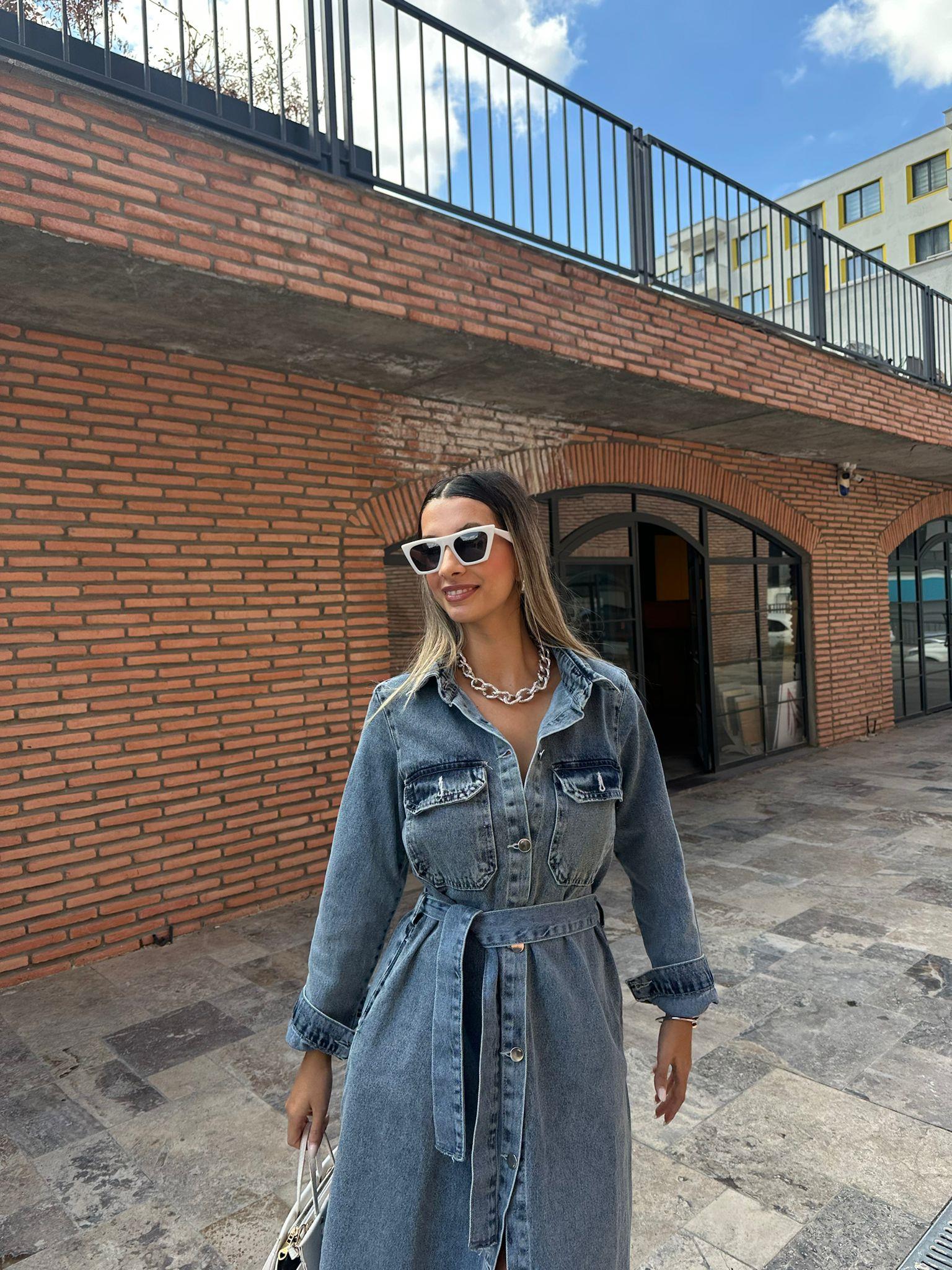 Buz Mavisi Yıkamalı Midi Boy Essa Tasarım Jean Elbise kelb1003sg