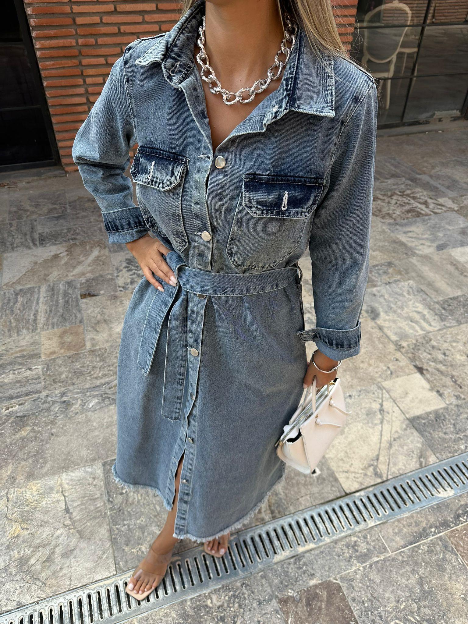 Buz Mavisi Yıkamalı Midi Boy Essa Tasarım Jean Elbise kelb1003sg