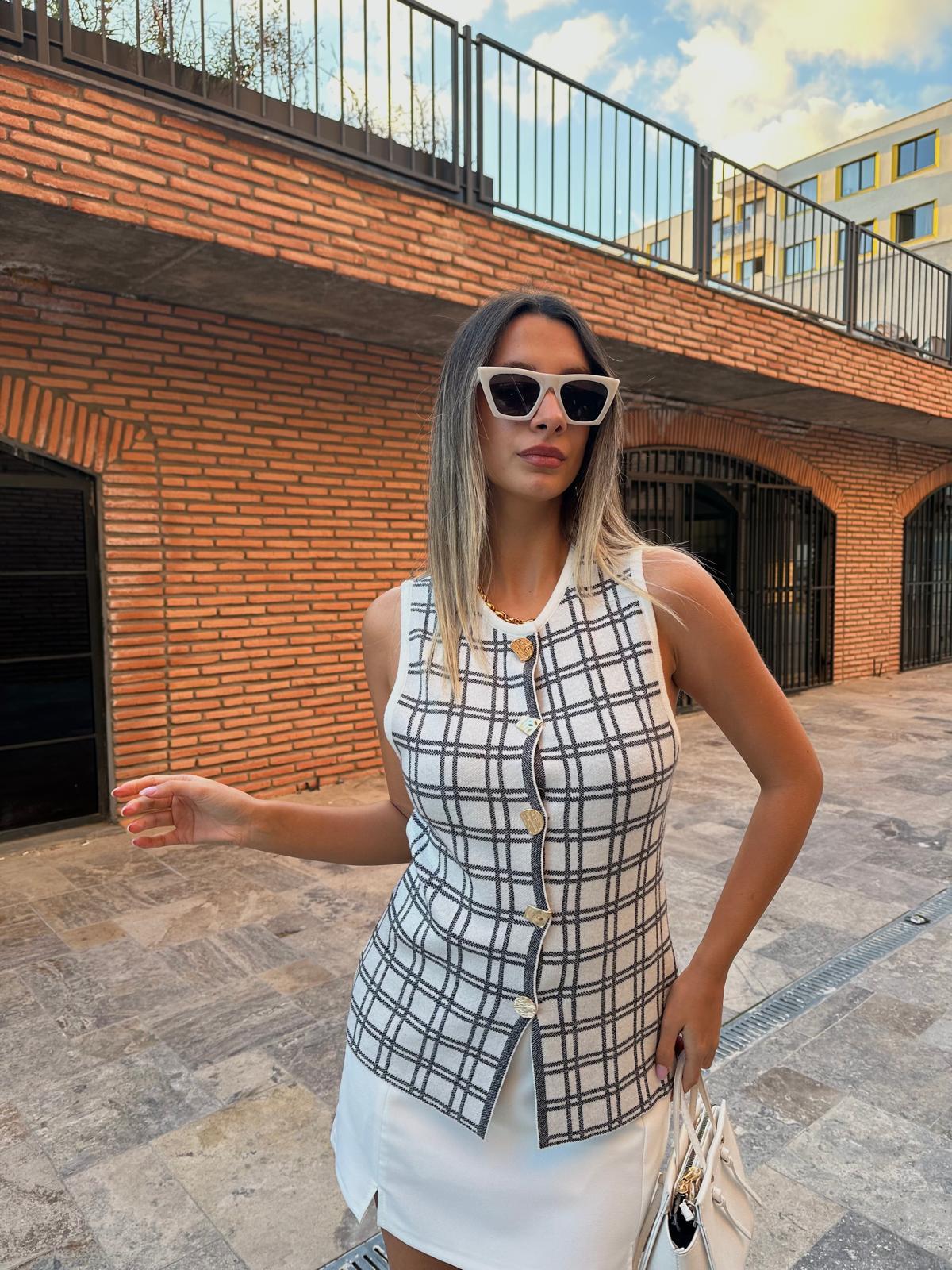 Çakıl Taşı Gold Düğme Ekoseli Yelek ylk2006styq