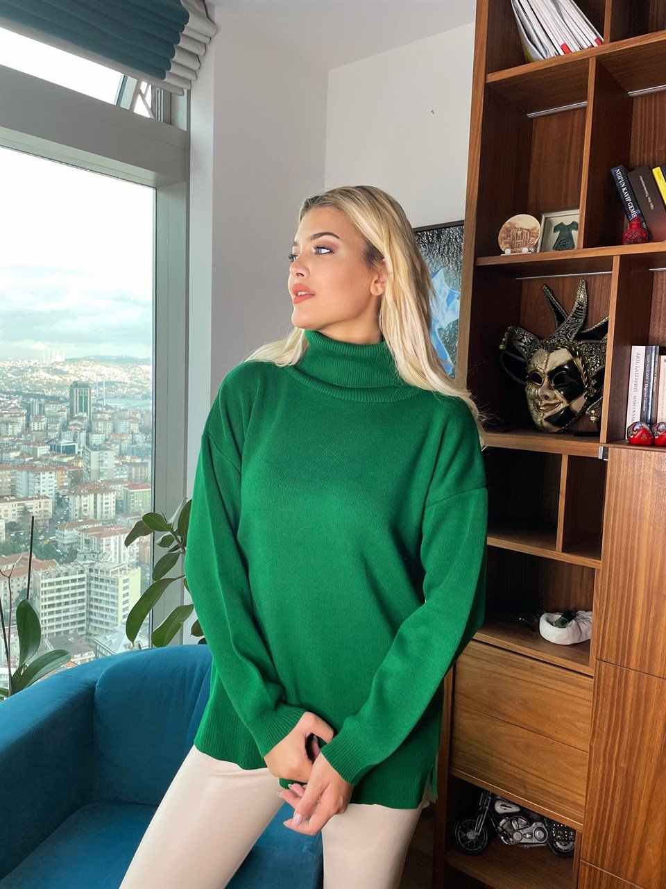 Çam Yeşili Oversize Boğazlı Triko