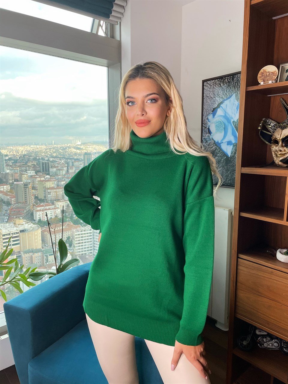 Çam Yeşili Oversize Boğazlı Triko