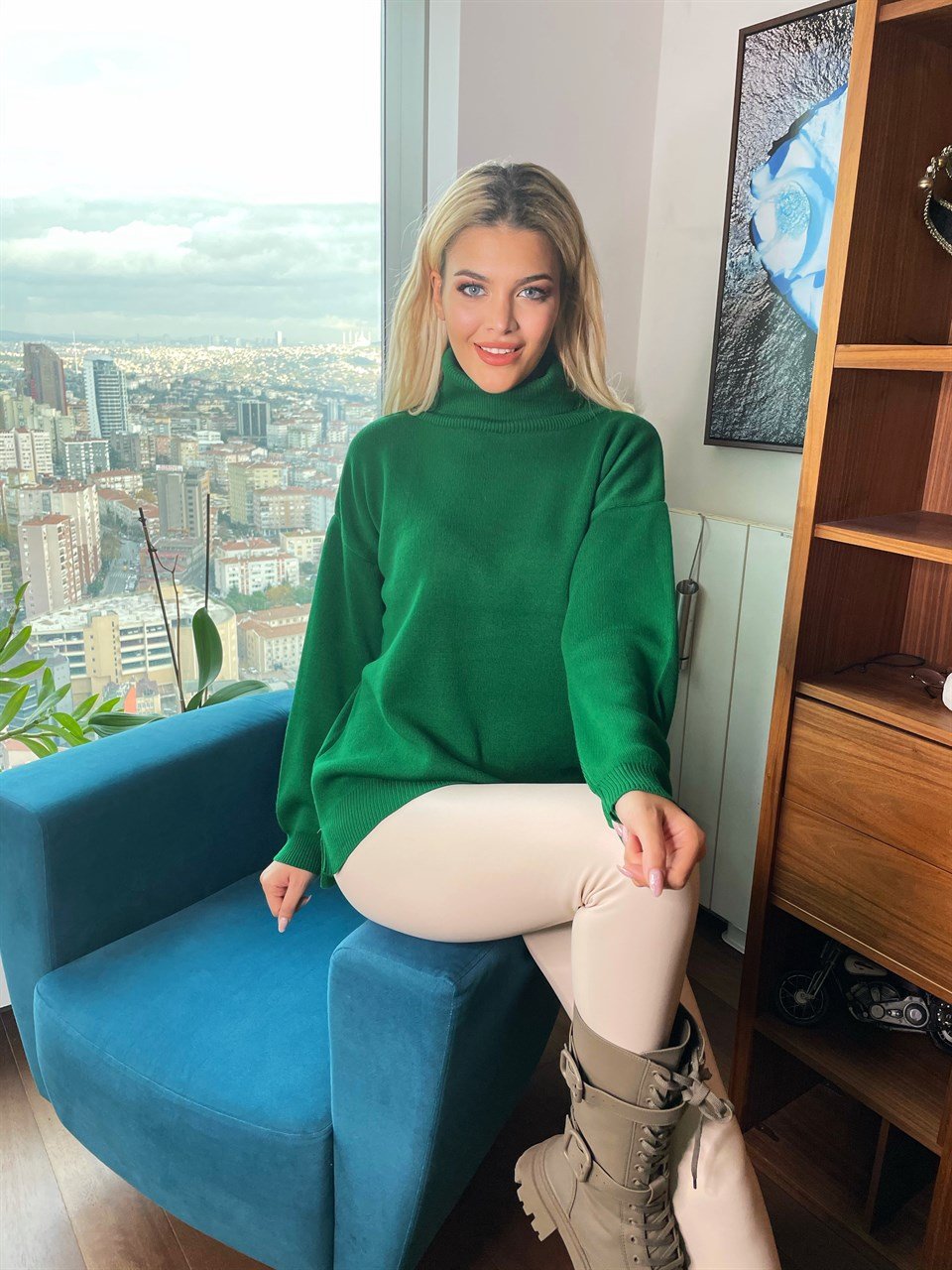 Çam Yeşili Oversize Boğazlı Triko