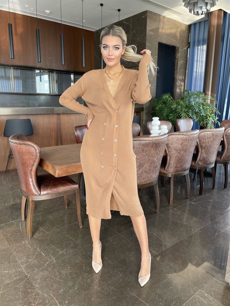 Camel Gold Düğme Detay Tasarım Triko Elbise