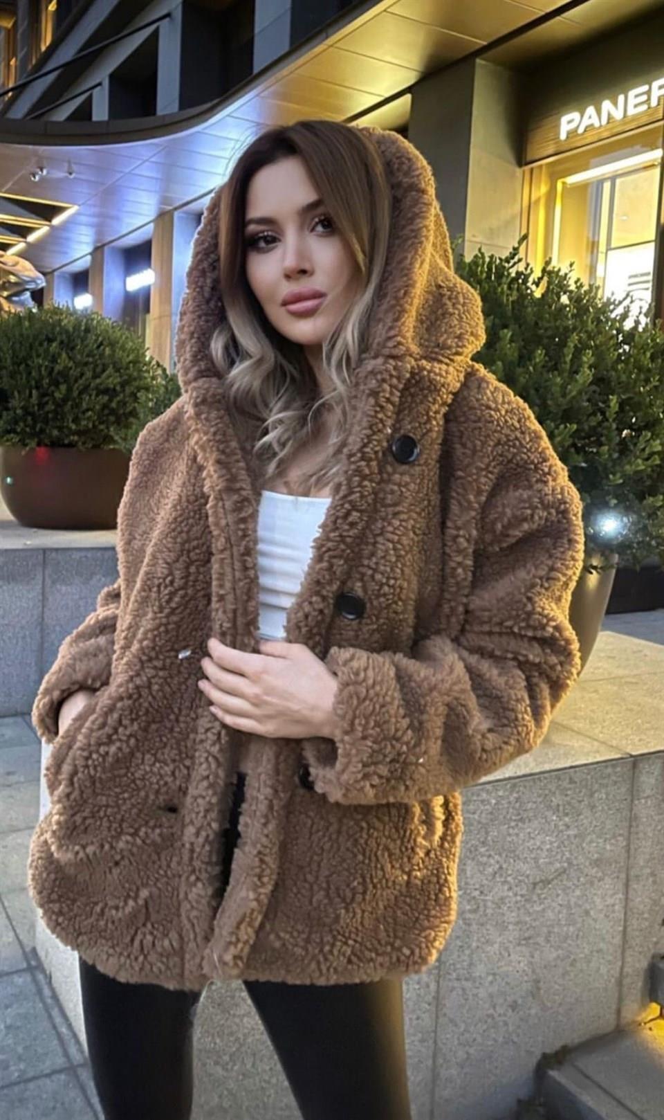 Camel Kapüşonlu Teddy Kürk