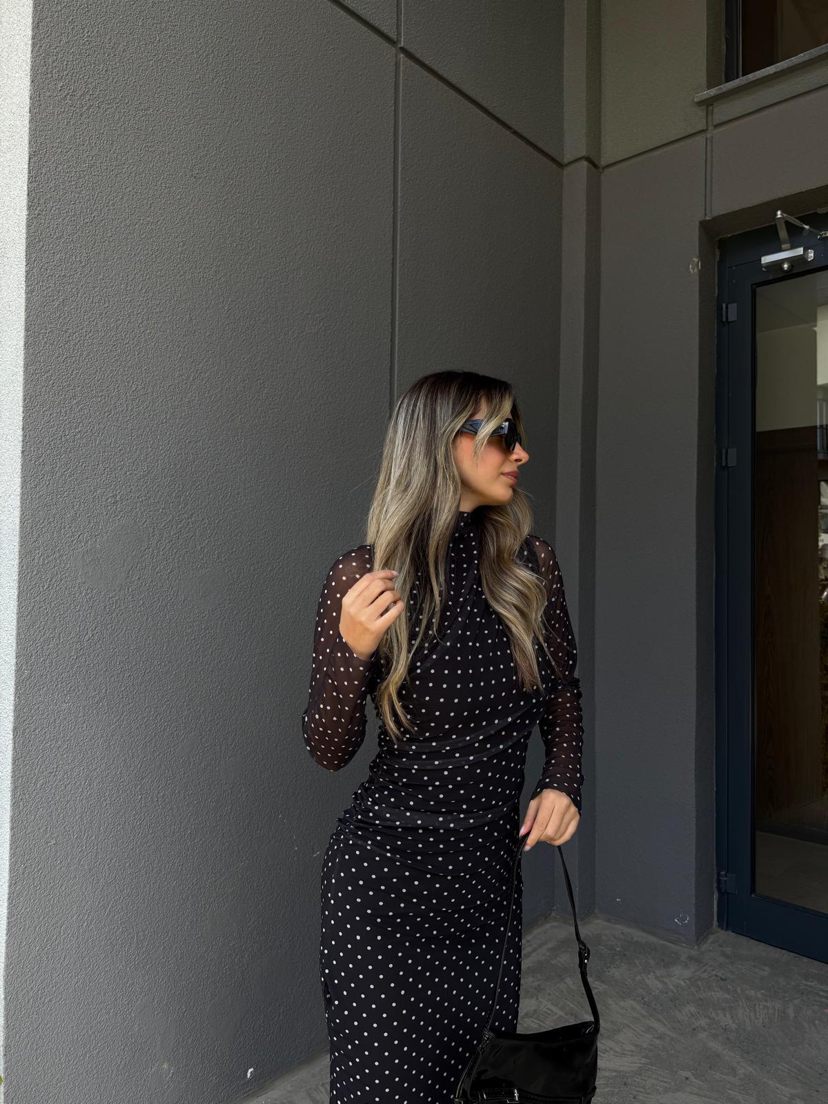 Çapraz Pileli Astarlı Puantiyeli Elbise kelb2208grs