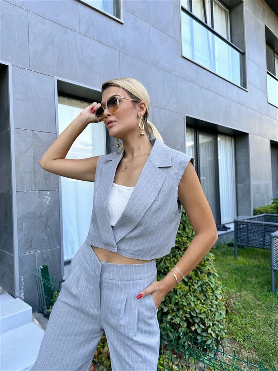 Ceket Yaka Çizgili Gri Takım 1707337