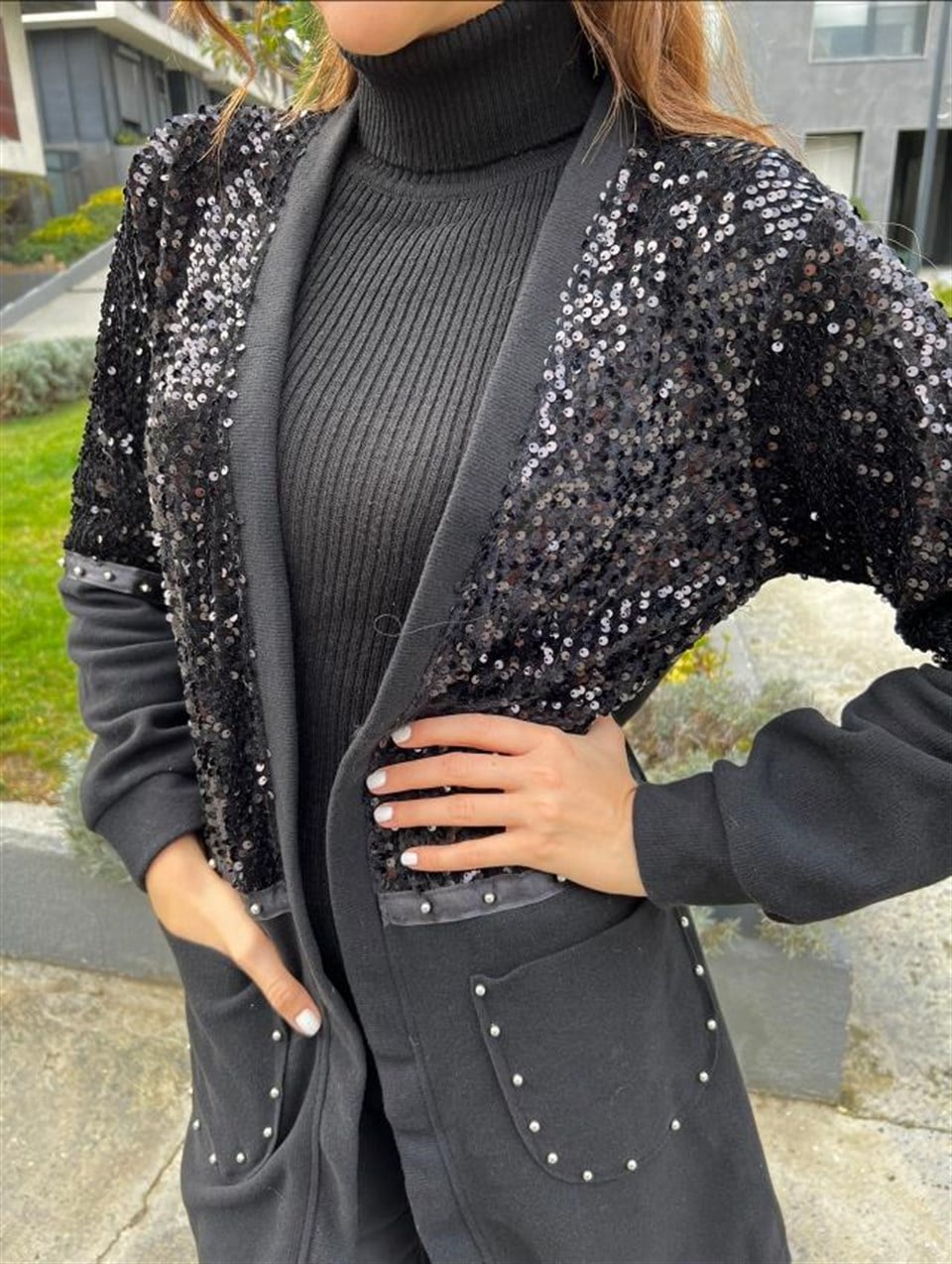 Cepleri Silver Boncuklu Payetli Hırka 3214