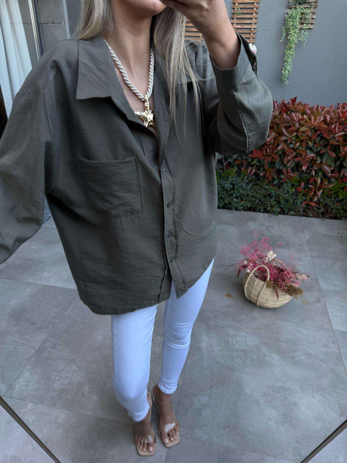Cepli Oversize Ayrobin Gömlek Yeşilgmlk2115kd