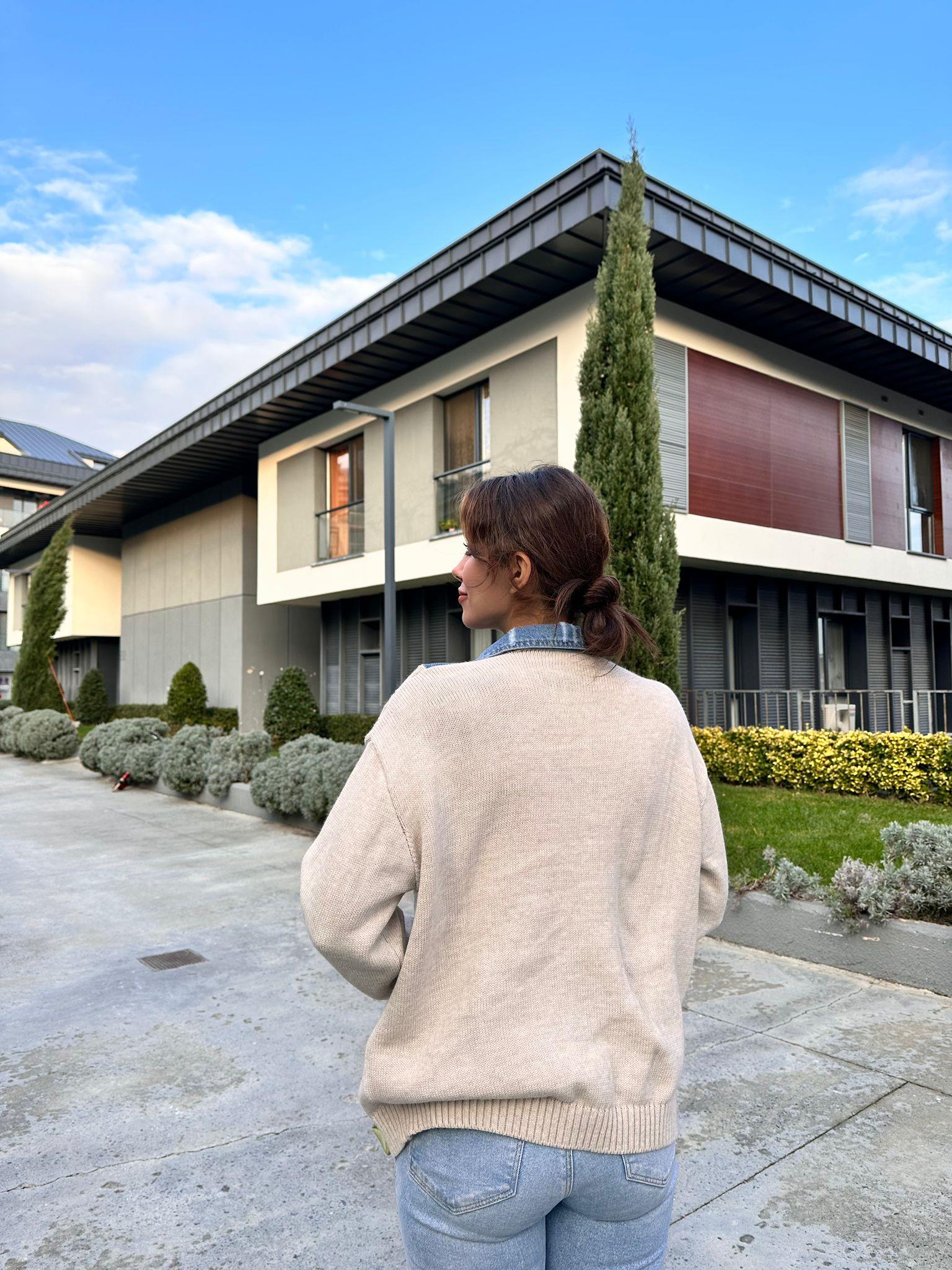 Cepli Selanik Örgü Jean Detay Hırka Bej 1707538