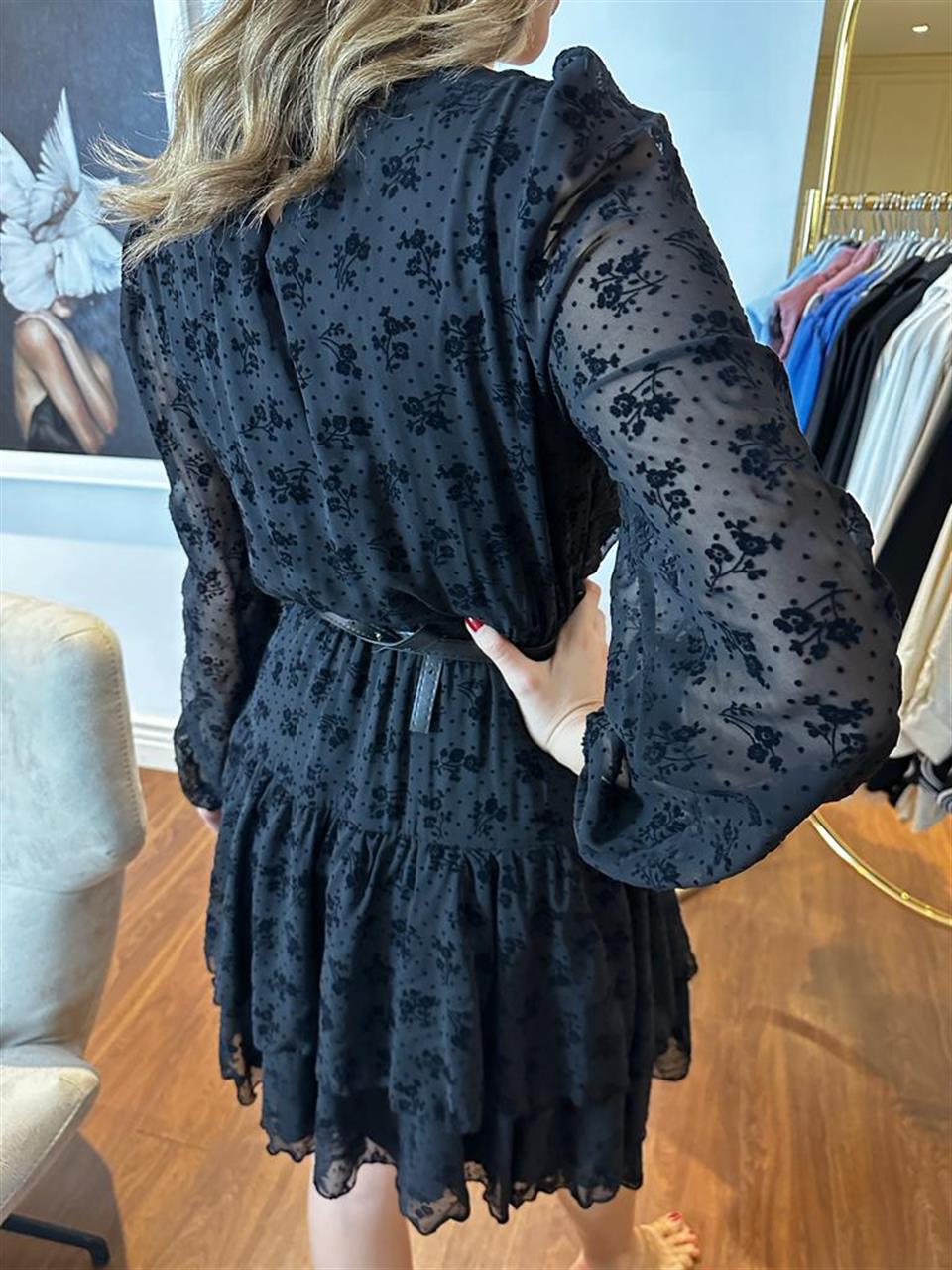 Çiçekli Flok Baskılı Siyah Kemerli Elbise 230264