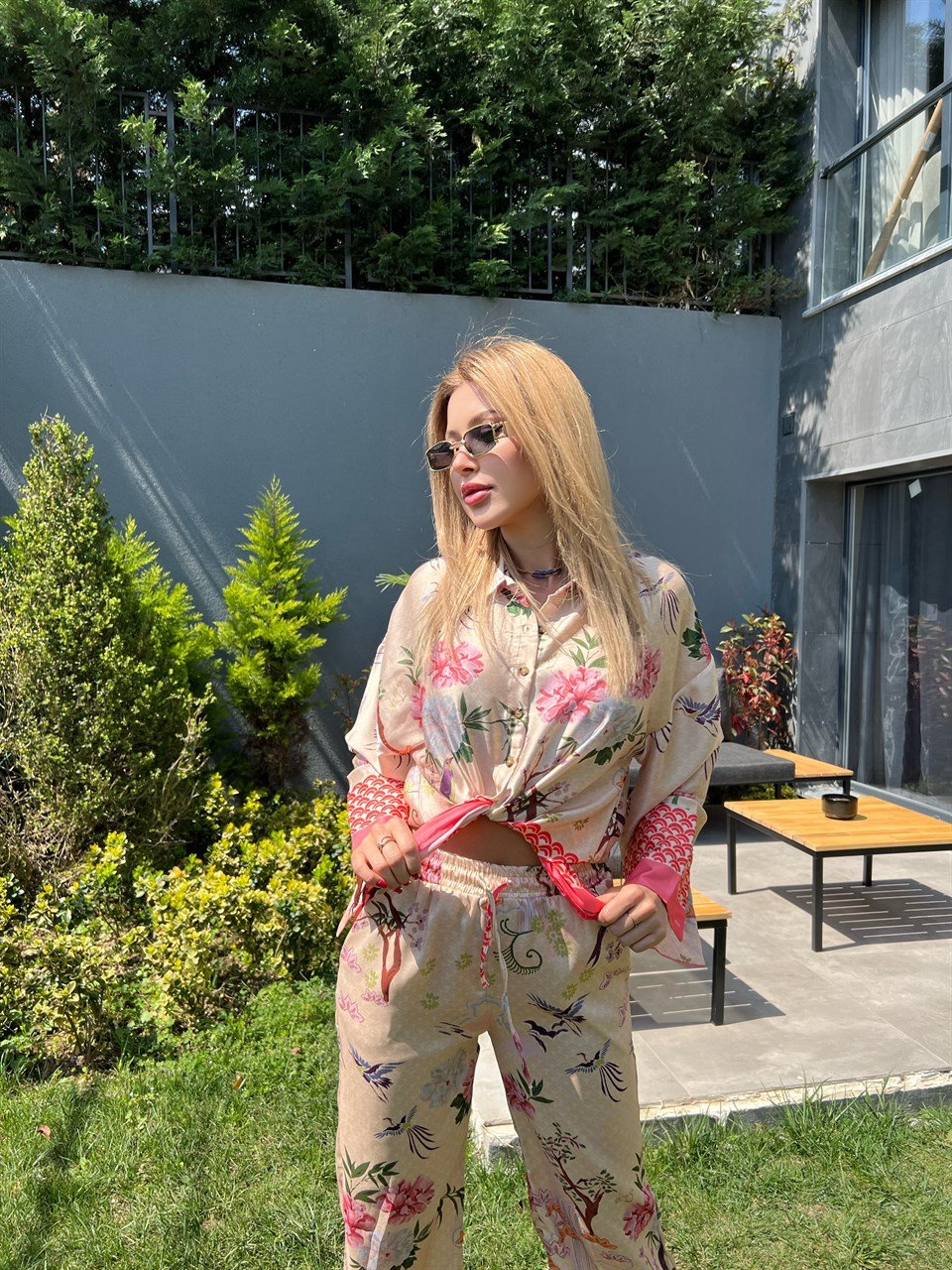 Çiçekli Saten Takım
