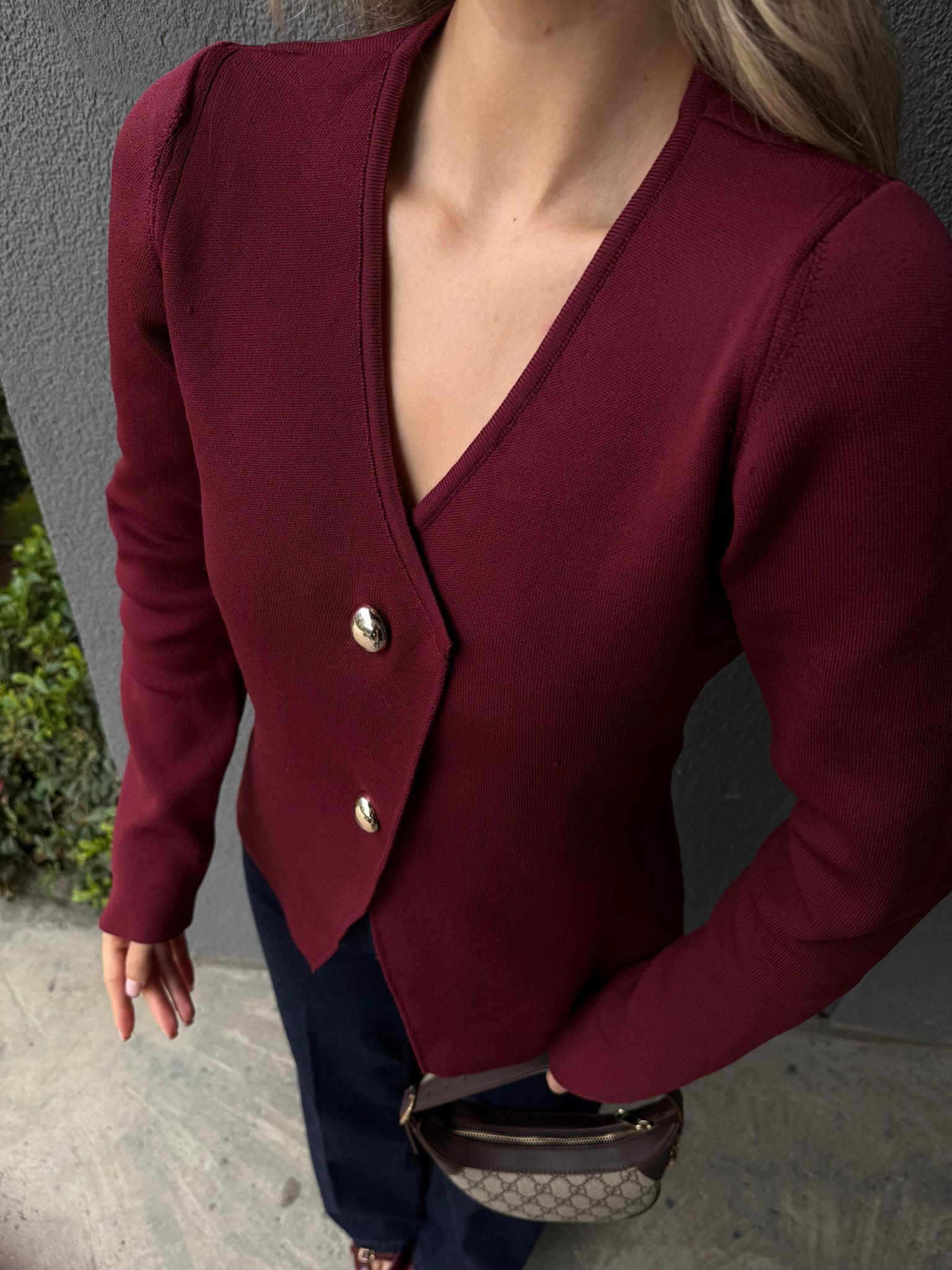 Çift Düğme Asimetrik Bordo Hırka hrk2177htfsn