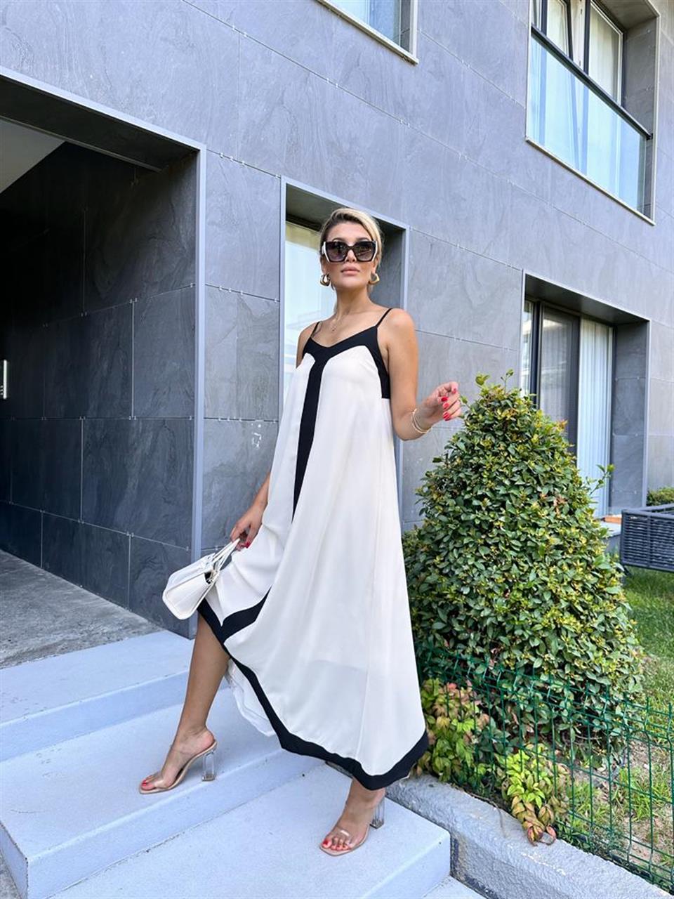 Çift Renk Asimetrik Elbise Beyaz 0717331