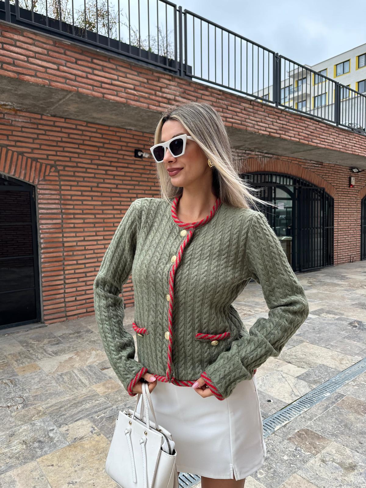 Çizgi Şeritli Saç Örgü Hırka Haki  hrk2037styq