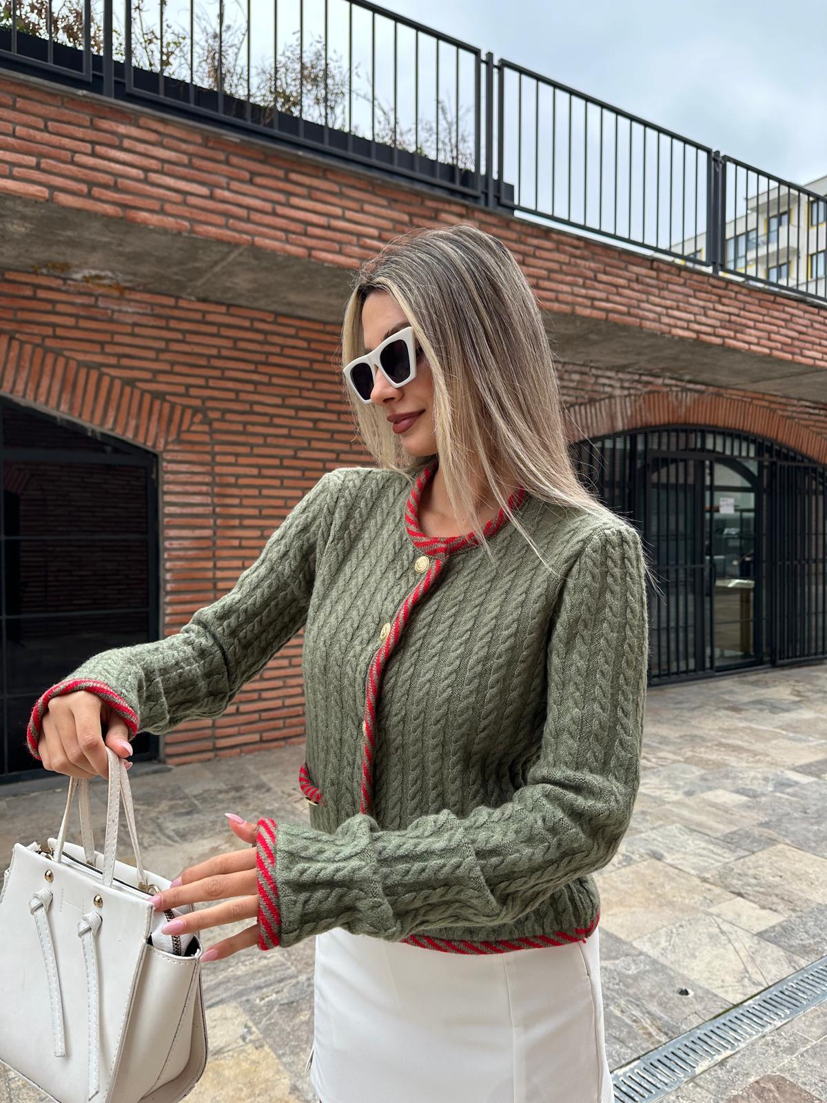 Çizgi Şeritli Saç Örgü Hırka Haki  hrk2037styq