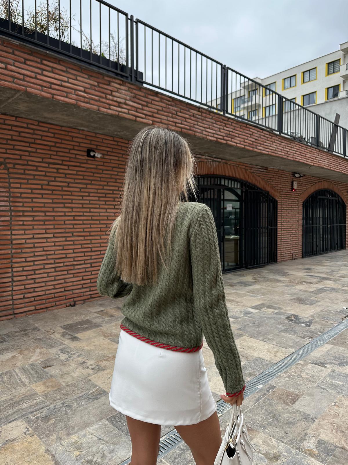 Çizgi Şeritli Saç Örgü Hırka Haki  hrk2037styq