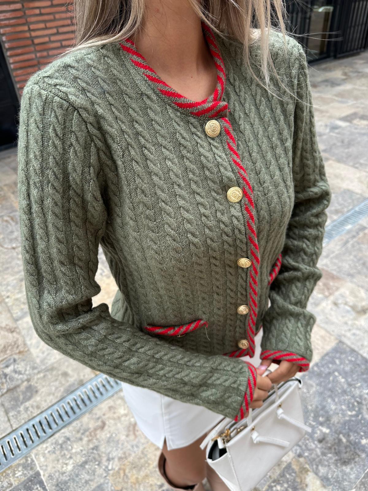 Çizgi Şeritli Saç Örgü Hırka Haki  hrk2037styq