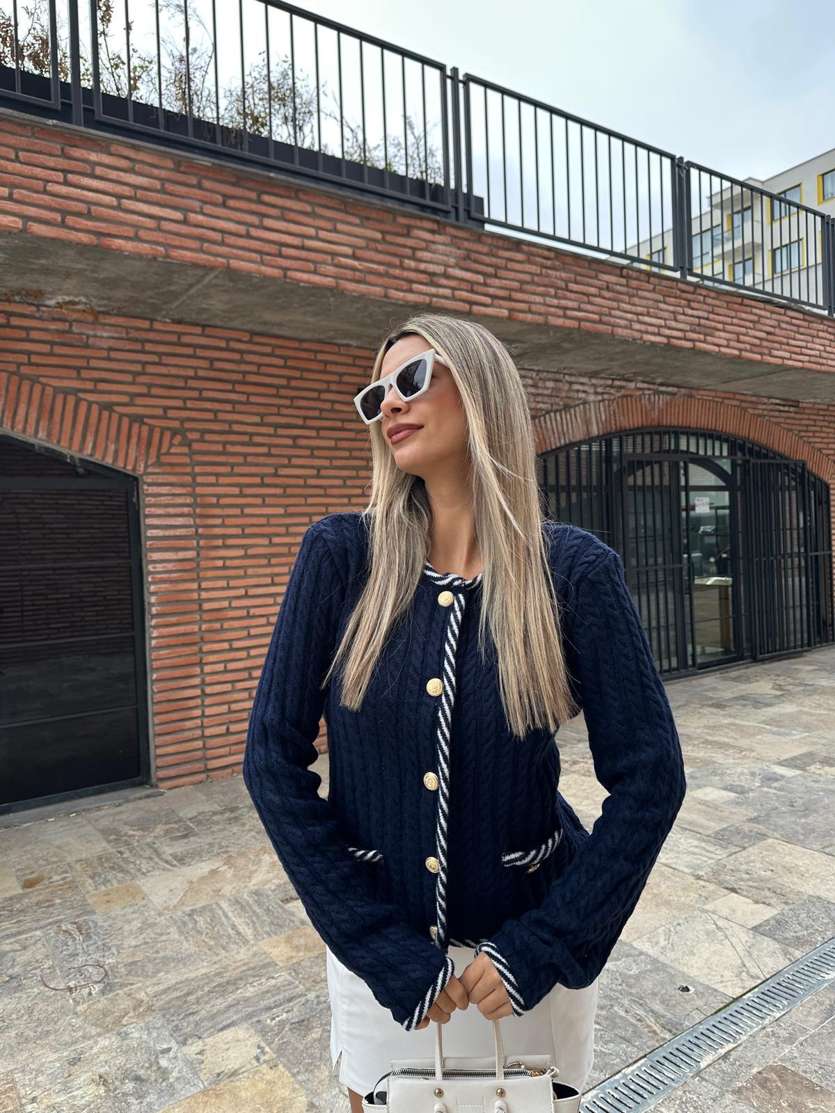 Çizgi Şeritli Saç Örgü Hırka Lacivert hrk2037styq