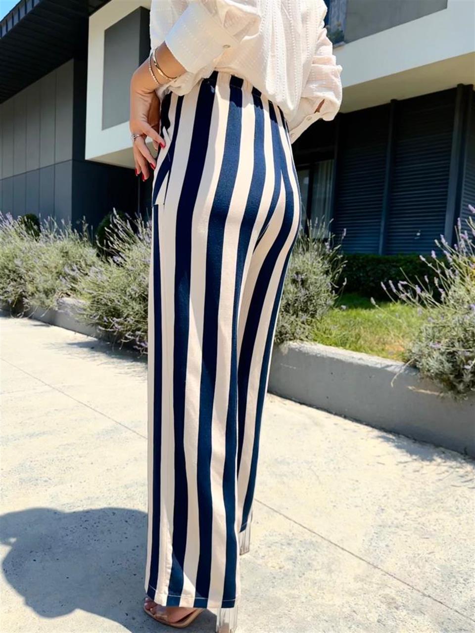 Çizgili Bağcıklı Lacivert Pantolon 0707294