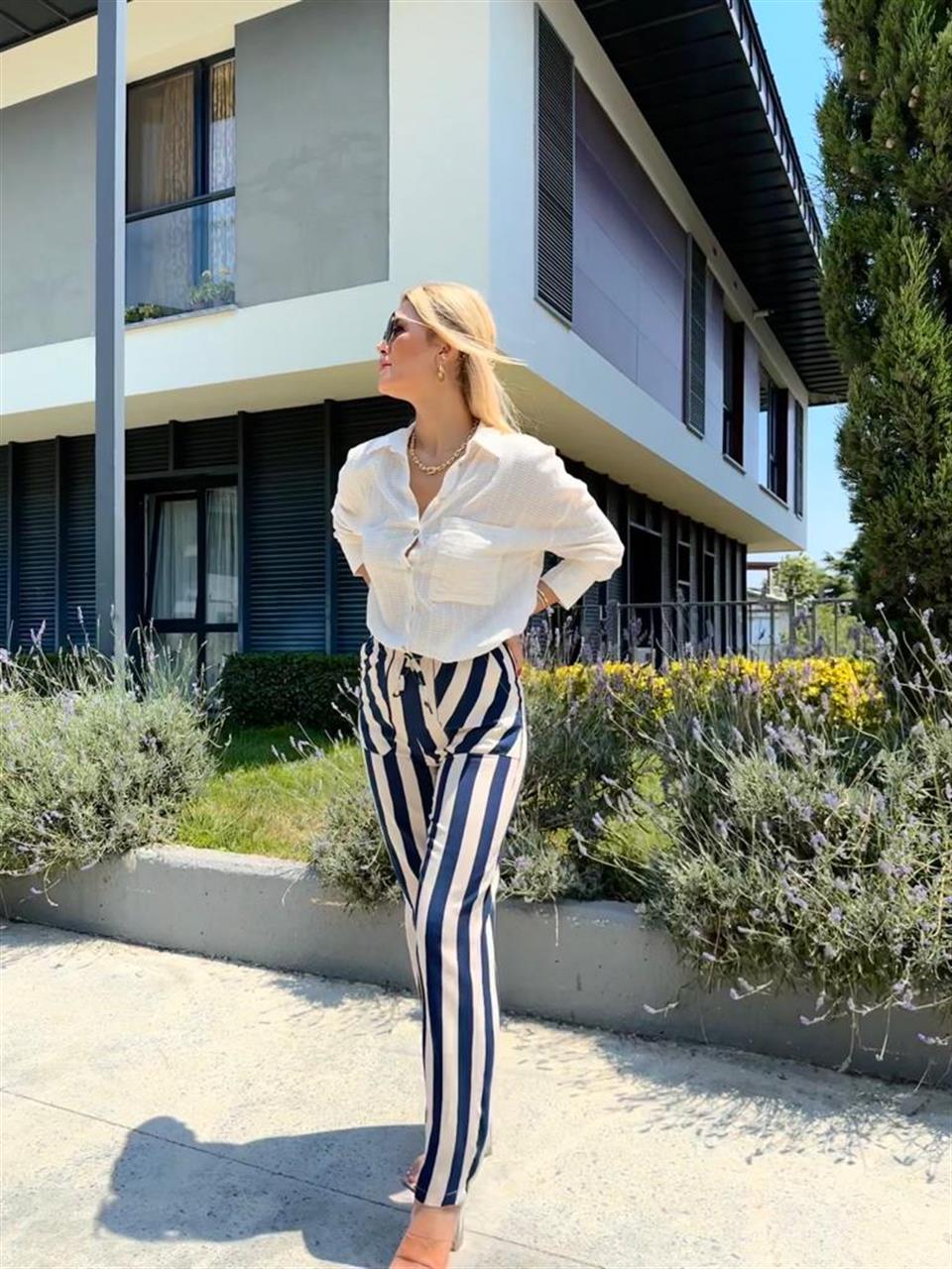 Çizgili Bağcıklı Lacivert Pantolon 0707294