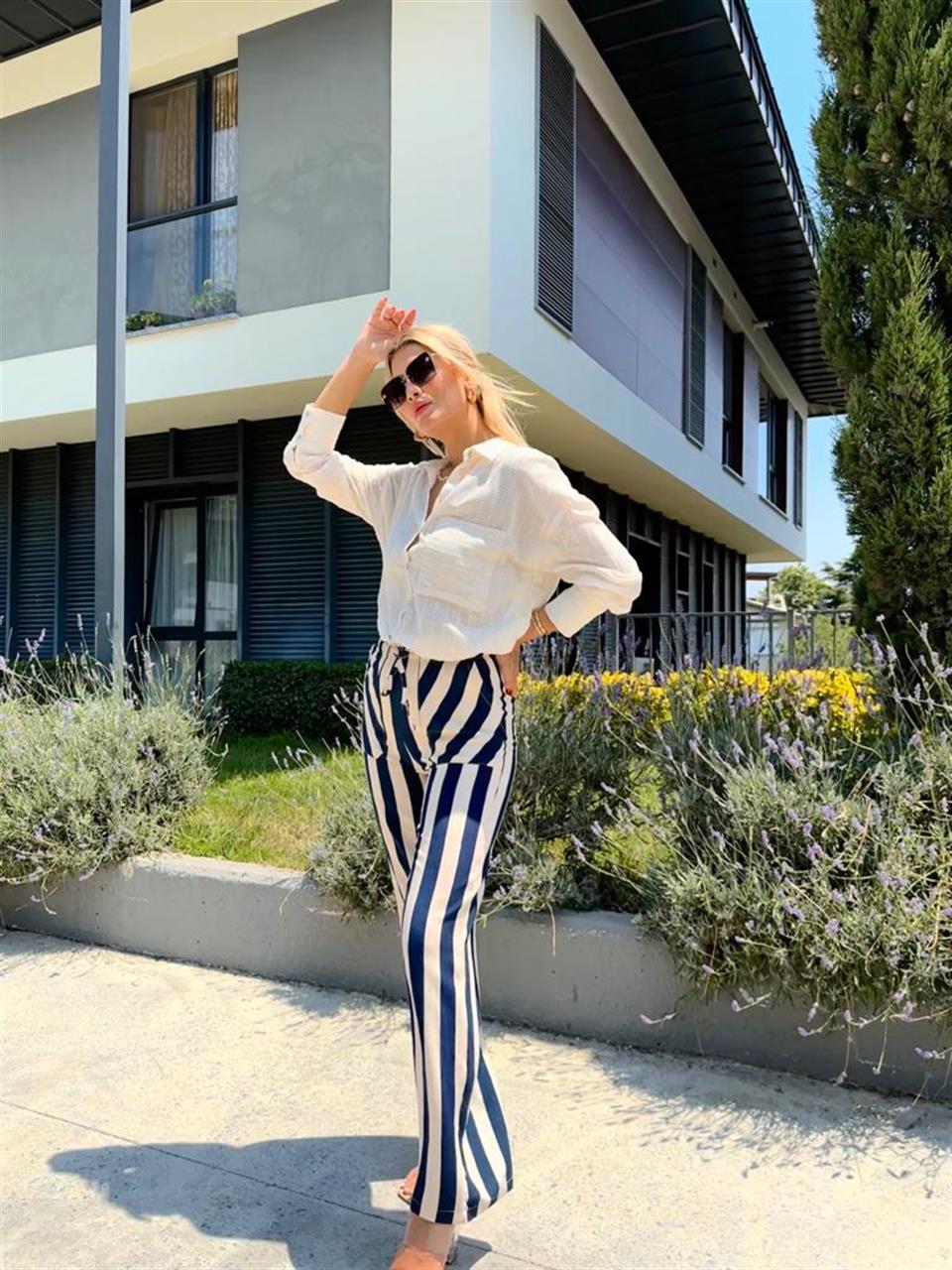Çizgili Bağcıklı Lacivert Pantolon 0707294