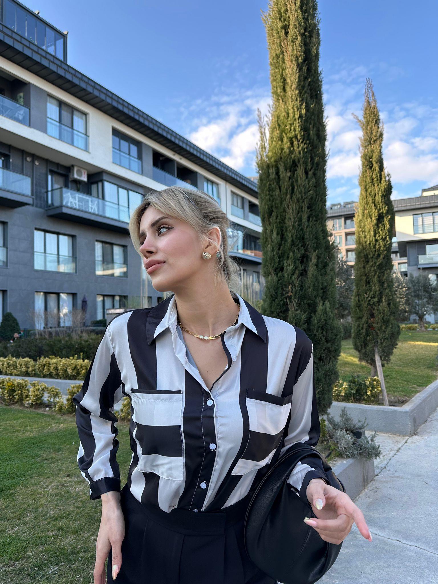 Çizgili Çift Cepli Saten Gömlek 17513