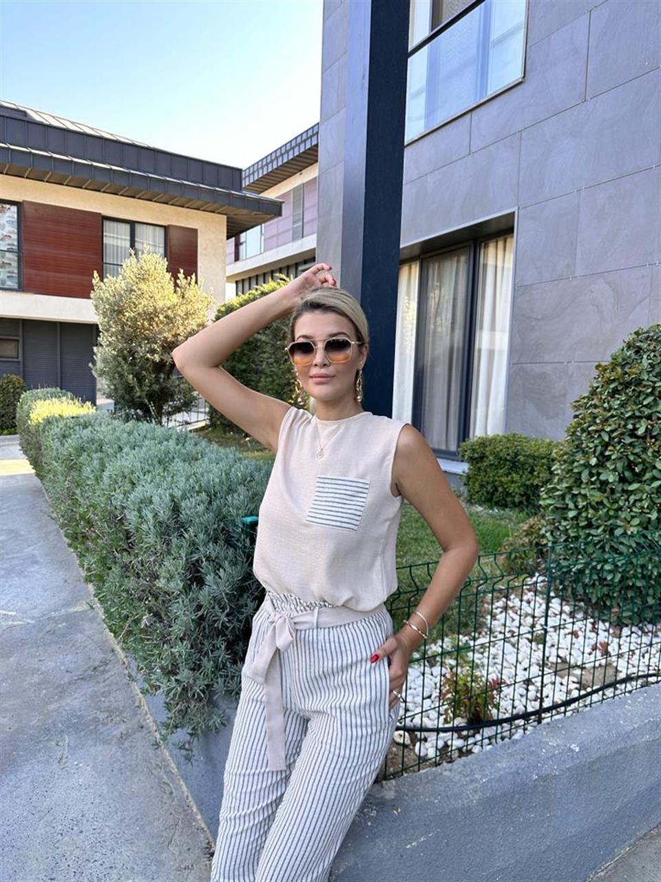 Çizgili Frezya Keten Bluz Pantolon Kombin 1707336