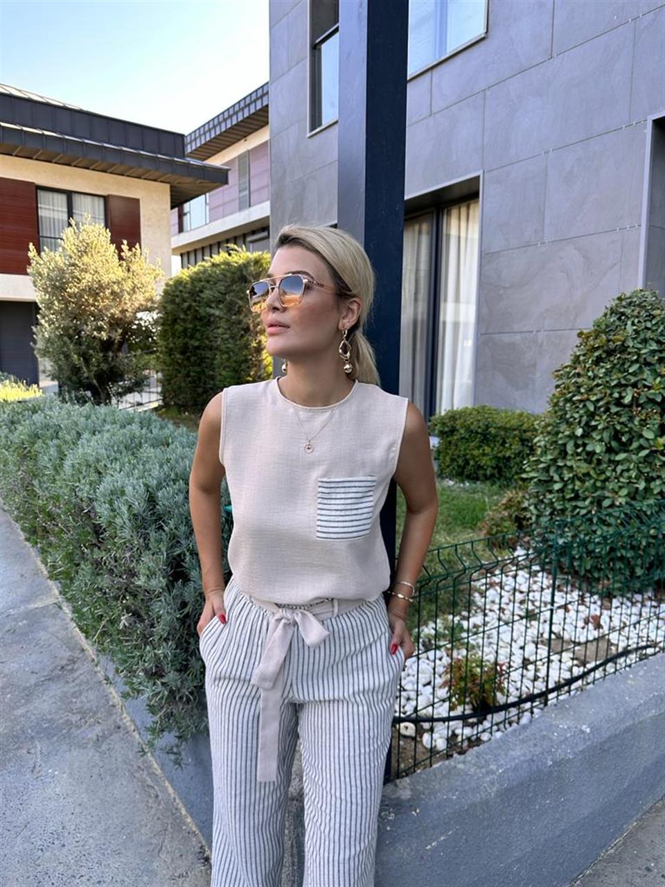 Çizgili Frezya Keten Bluz Pantolon Kombin 1707336