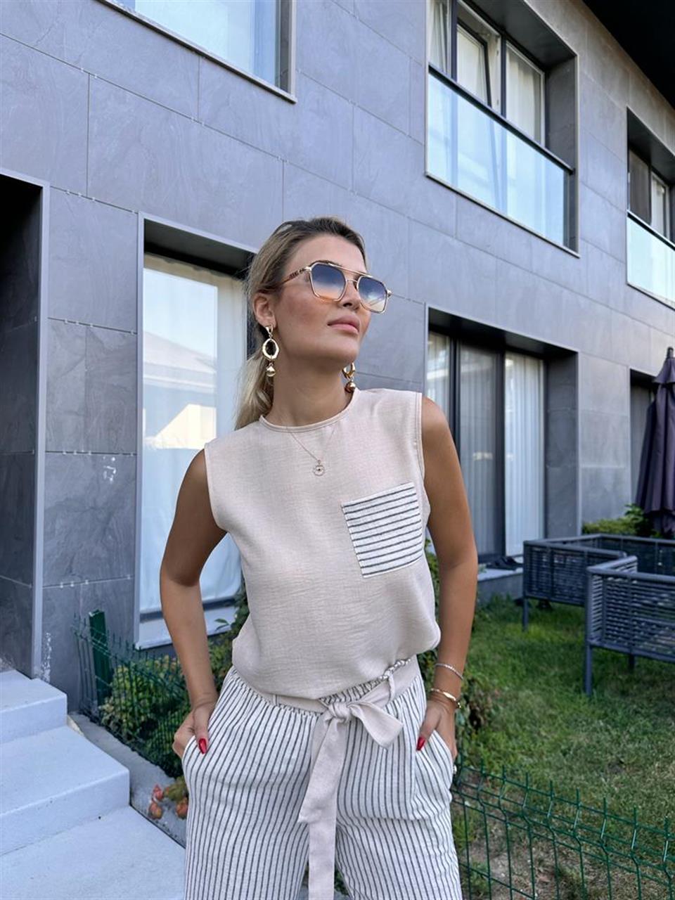 Çizgili Frezya Keten Bluz Pantolon Kombin 1707336